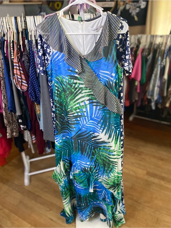 Calvin Klein Dresses & Skirts - Calvin Klein Blue & Green Tropical Print V-Neck Maxi Dress with Striped Trim